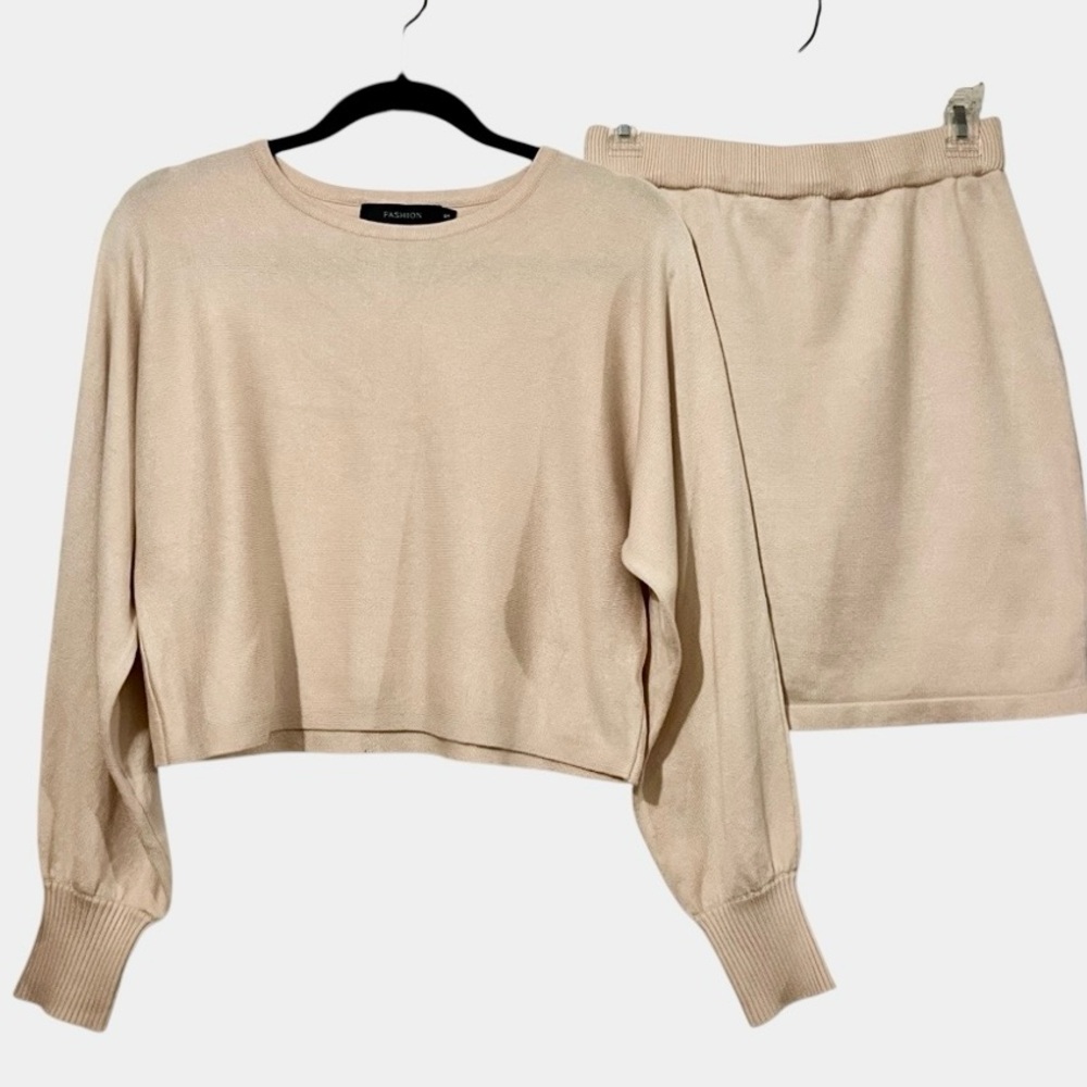 Beige Neutral Knit Long Sleeve Crewneck Long Sleeve Sweater Mini Skirt Set Sz S